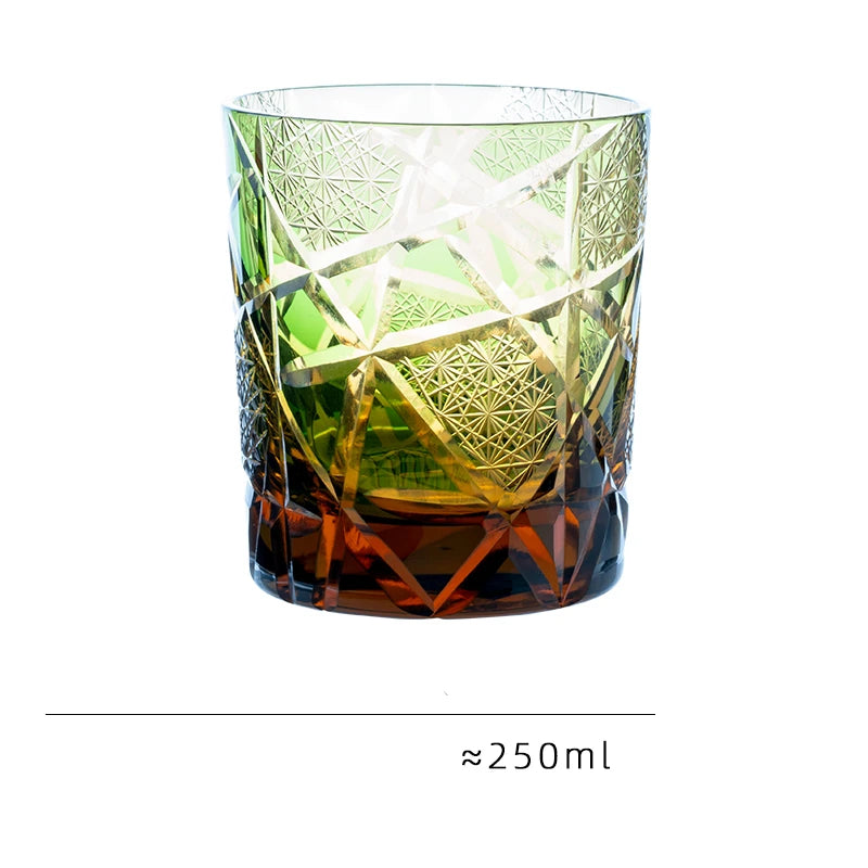 Japanese Royal Special Retro Wine Tumbler, Hand Cut, Flashing Lightning Design, Amber Whiskey Glass, High End Gift Box, Edo Kiri